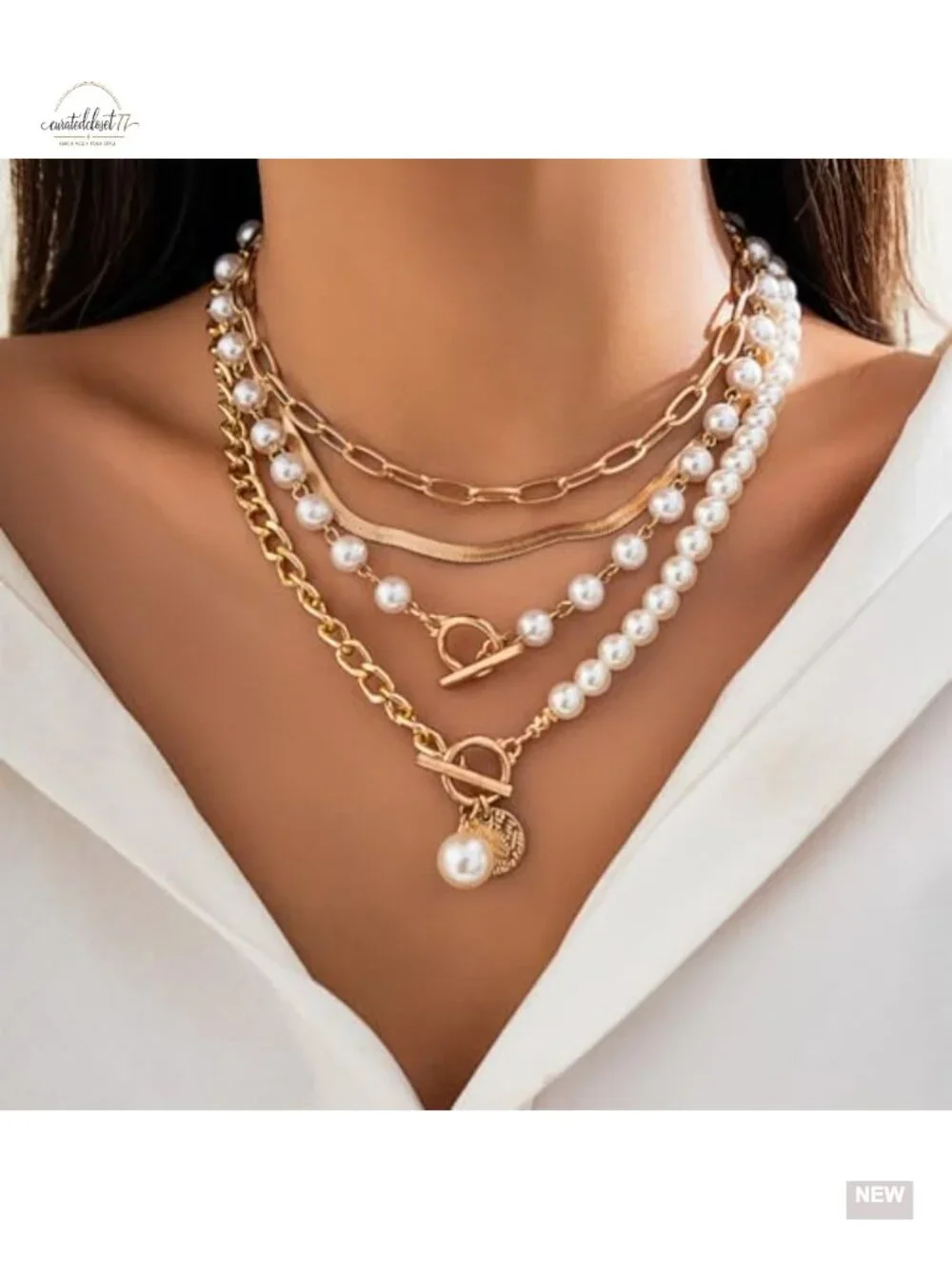 5-Piece Chunky Gold Layered Pearl Necklace Set with OT Buckle Paperclip Chain